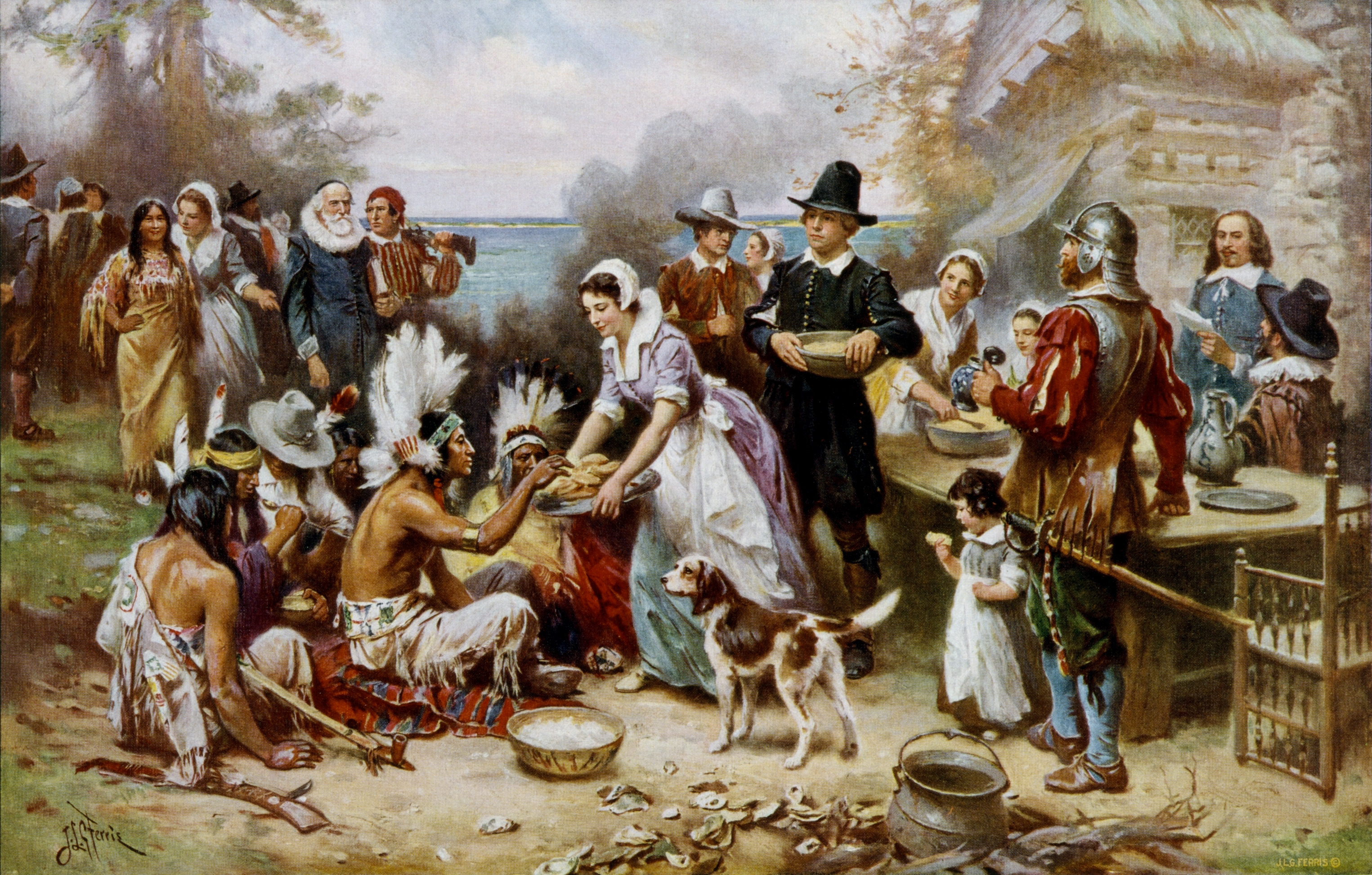 "The First Thanksgiving 1621", óleo sobre tela de Jean Leon Gerome Ferris (1899). 