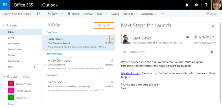 Outlook mais social com “likes” e menções